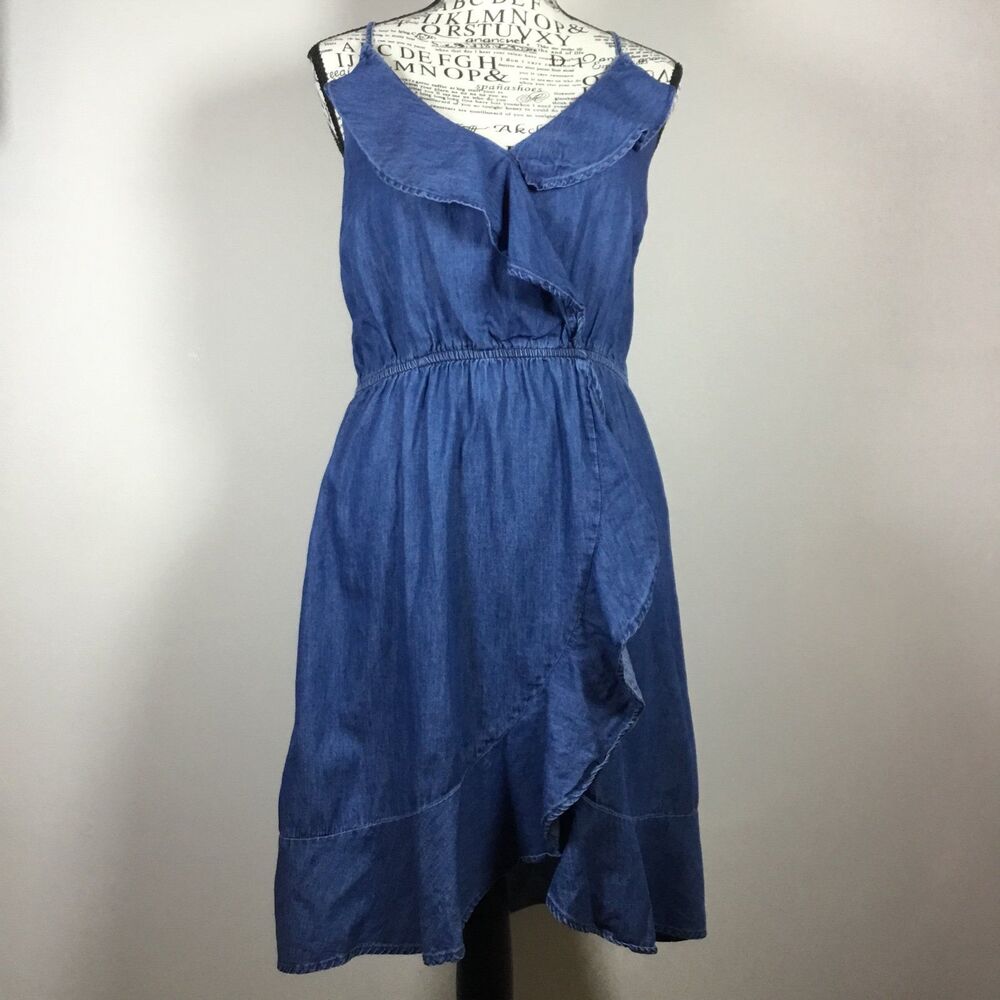 Blue denim dress spaghetti straps ruffle wrap skirt elastic waist western boho M